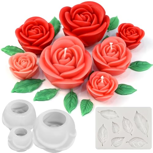 Rose Candle Molds, 3 Sizes Rose Flower Mold with Leaf Mold Set - color: Set of Large + Medium + Small Rose with Leaf Molds