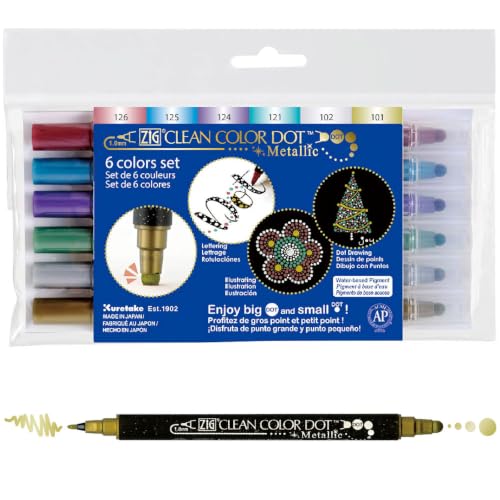 Kuretake CLEAN COLOR DOT Metallic Dual tip markers 6 Colors set, 0.5mm fine tip and a flexible dot tip, for Journals, Crafts, Illustration, Lettering, Planners, for Adult, Made in Japan - style: Metallic 6 Colors set(Dual tip)