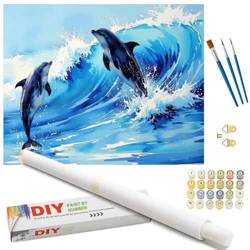 Marine Life Paint by Numbers Kit for Adults - DIY Dolphins Surfing Ocean Waves Painting on Rolled Canvas 16x20 Inches, Acrylic Paint Set, Suitable for Beginners, Sea Art for Home Decoration or Gifts - color: TCXY05591, size: 16X20IN Rolled