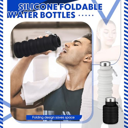 Baderke 2 Pcs Collapsible Water Bottles 17oz Silicone Travel Foldable Portable Water Bottle with Buckle Silicone Lightweight Reusable Leakproof for Camping Hiking Cycling Sport(Black, Gray White) - color: Black, Gray White