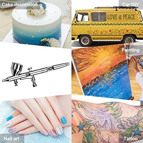 Pinkiou Airbrush Kit with Different Nozzle and Needles Muti-Purpose Dual Action Airbrush Sets with Air Brush 0.2 0.3 &0.5mm Needles and Air Hose for Hobby Model Painting Tattoo Cake Nail Art - color: silver