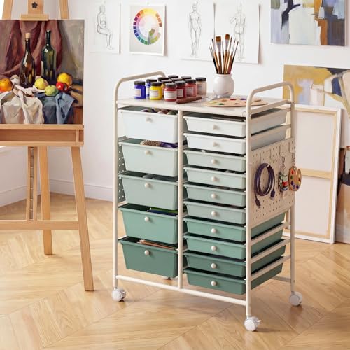 GOFLAME 15-Drawer Rolling Storage Cart with Pegboard, Craft Storage Cart with Lockable Wheels and Metal Frame, Art Cart Supply Storage Organizer for Home Office Classroom, Green Gradient - color: Green Gradient, size: 15-drawer with Pegboard-25"x14.5"x34.