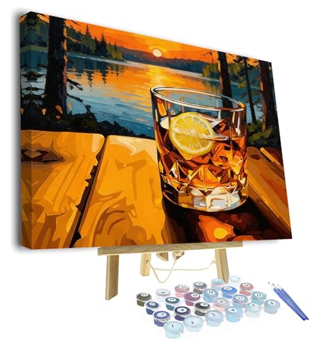 TUMOVO Adult Paint by Number Kits for Beginner, Paint by Numbers Kit for Adults - Whiskey Glass with Serene Lake Sunset Landscape, DIY Art for Home Decor & Relaxation, 16x20 Inch(Framed) - color: Whiskey(Framed)