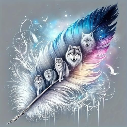 Acelii 5D Diamond Art Kits for Adults Beginners,Wolf Pack Feather DIY Full Round Drill Diamond Painting Kits, Paint by Diamonds Dots Gem Art Easy,Home Wall Decor 14X14 Inch - color: KM555-1