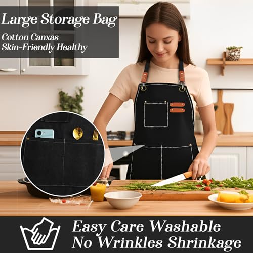 conda Chef Apron, 1 Pack, Cross Back Straps Apron With Pockets for Men Women, 100% Cotton Canvas Adjustable Apron, for Cooking Pottery Baking Painting - color: Black