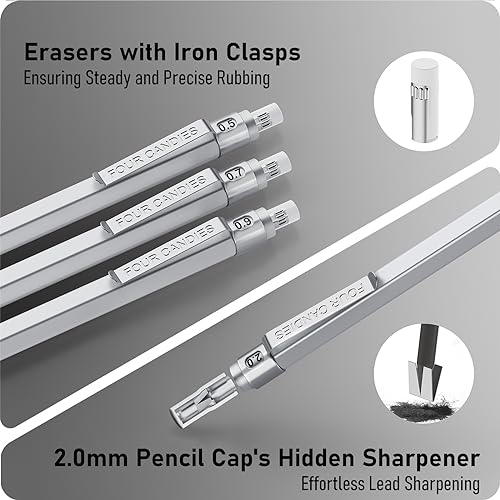 Four Candies Mechanical Pencil Set with Cute Pencil Case + Mechanical Pencil Set Silver