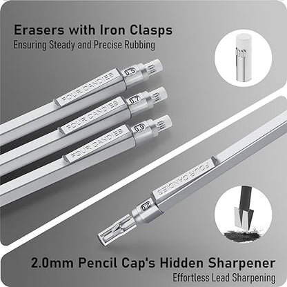 Four Candies Mechanical Pencil Set with Cute Pencil Case + Mechanical Pencil Set Silver