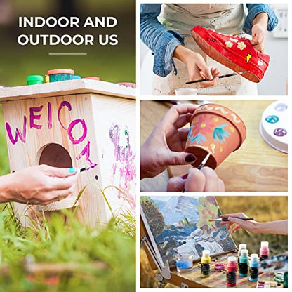 Ohuhu 24 Colors Outdoor Acrylic Paint Set, 2 oz./60ml Bottles for Artist | Beginners 18 Basic& 6 Metallic Acrylic Paints with 6 Brushes for Drawing, Waterproof Rich Pigments on Garden Statues, Woods
