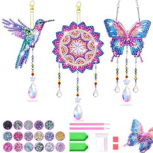 Diamond Art Kits for Kids Ages 8-12, 3 PCS DIY Gem Art Suncatchers for Kids - color: Blue and Pink