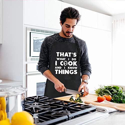 Rosoz Funny BBQ Black Chef Aprons for Men, Adjustable Kitchen Cooking Apron | I Cook and I Know Things, Adjustable, 2 Pockets, Long Ties, Waterproof Oil Proof , Husband Dad Papa Grilling Gifts