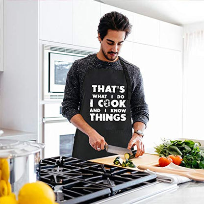 Rosoz Funny BBQ Black Chef Aprons for Men, Adjustable Kitchen Cooking Apron | I Cook and I Know Things, Adjustable, 2 Pockets, Long Ties, Waterproof Oil Proof , Husband Dad Papa Grilling Gifts