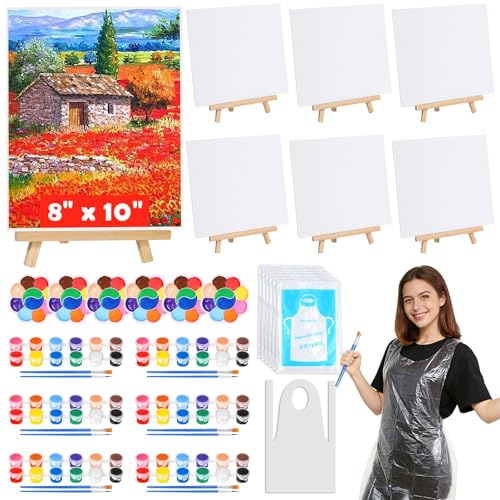 6 Pack Paint and Sip Kit for Adults Girls Night, 8x10In Canvas Painting Kit | Flat Canva Boards with Easel Stands, Mini Acrylic Paint, Brushes, Paint Party Supplies, Date Night Painting Kit for Couples