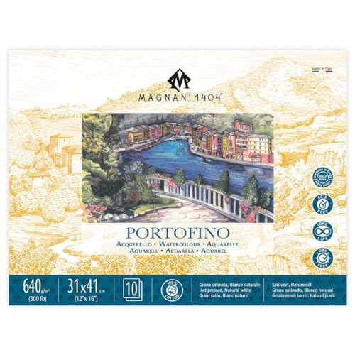 Magnani 1404 Portofino Hot Press 100% Cotton Watercolor Paper Block, 10 Sheets, 4.5x9, 300 lb, Acid-Free, UV Resistant, Vegan Sized Water Color Paper for Artists, Made in Italy - size: 12x16" Block