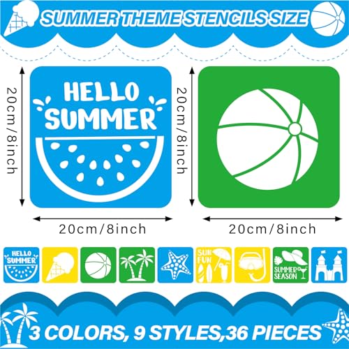 36pcs Summer Beach Drawing Stencils for Kids 8 Inch Sidewalk Chalk Stencils Painting Large Washable Reusable Tropical Palm Tree Themed Primary Shape Template for Kids Toddlers Preschool - style: Summer