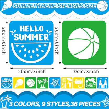 36pcs Summer Beach Drawing Stencils for Kids 8 Inch Sidewalk Chalk Stencils Painting Large Washable Reusable Tropical Palm Tree Themed Primary Shape Template for Kids Toddlers Preschool - style: Summer