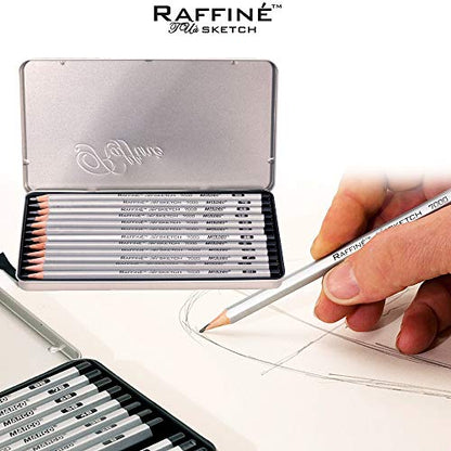 Raffine Artist Graphite Pencils Set for Drawing, Sketching, Writing, Tin Gift Box, 12 Degree Set -2H, H, F, HB, B, 2B, 3B, 4B, 5B, 6B, 7B, and 8B (12 pc)