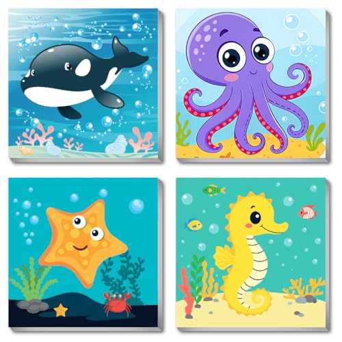 Canrichshop 4 Pack Framed Paint by Numbers Kit for Kids 8-12,Easy Kids Paint by Number Beginner,Cute Sea Animals Painting Kits for Ages 4-6,DIY Acrylic Oil Painting Kid for Wall Decor 8X8in - color: BKH1749+BKH1750+BKH1751+BKH1752