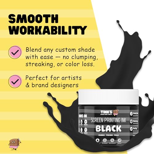Tinks Screen Printing Ink - Black - 8 oz. | Water-Based Fabric Ink - Screen Printing, Stenciling, Tote Bags & Fabric Stamping - Non-Toxic, No Harsh Fumes - 8 oz. - color: Black