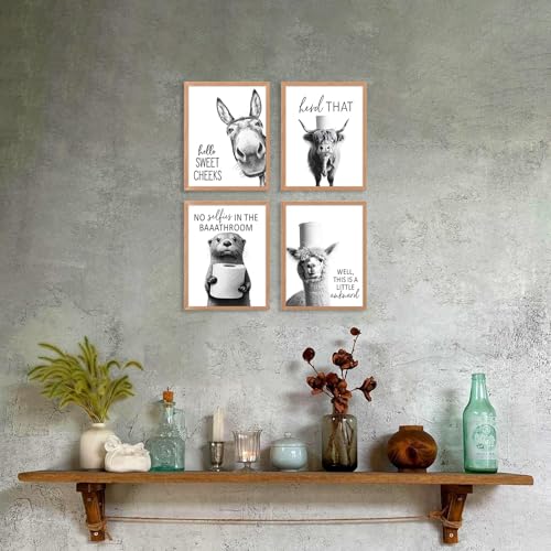 Funny Bathroom Wall Art Black and White Bathroom Signs Decor Rustic Donkey Cow Pictures Wall Decor Funny Animals Head on Tissue Paper Canvas Art Prints for Toliet Bedroom,Unframed,8x10inchx4pcs - color: Animal Bathroom-8x10in