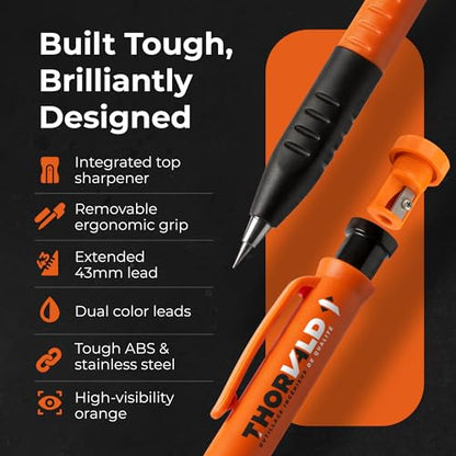 THORVALD New 3-in-1 Carpenter Pencils with Finger Grip for Construction - Incl. 7 Leads + Sharpener - Solid Mechanical Pencils with Fine Point/Best Marking tools Construction/Carpenters/Scriber