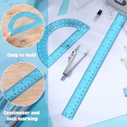 Zonon 3 Pcs 12" Clear Plastic Ruler 6 Inch Protractor Compass Set, Blue - color: Blue, size: 12 Inch
