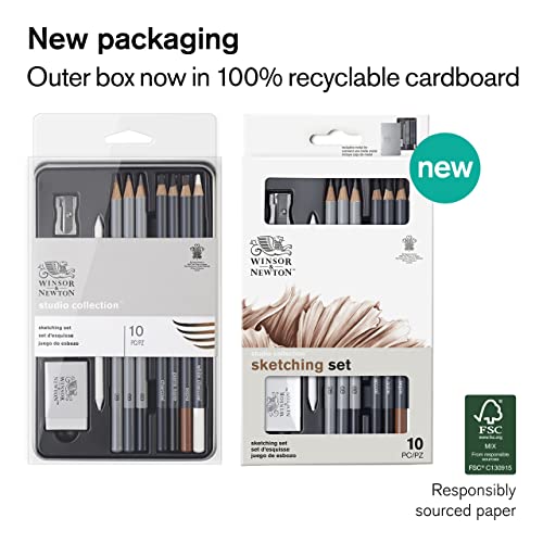 Winsor & Newton Studio Collection, Sketching Pencils, Set of 10 | Soft, Thick Core pencils, Varied Hardness, Soft Smooth Texture, Easy Blending, Stylish Metal Tin Included, High Quality Lead - style: 10 Sketching Pencils