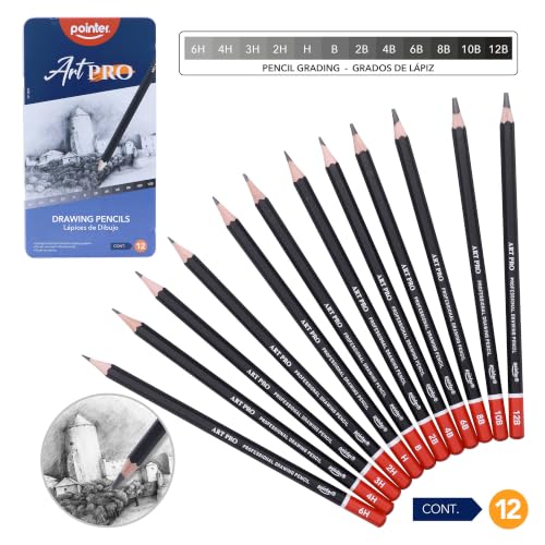 Pointer Art Pro Drawing Pencils Set, 12 Graphite Pencils 6H-12B, Professional Artist Sketching Kit