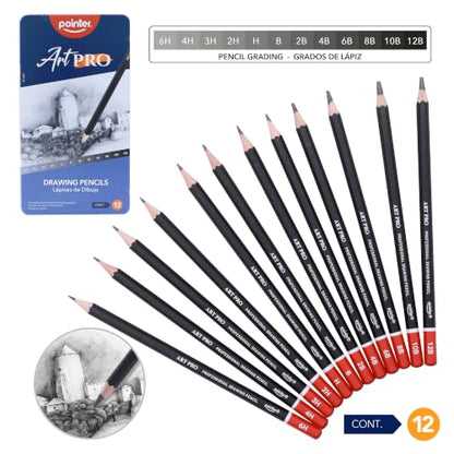 Pointer Art Pro Drawing Pencils Set, 12 Graphite Pencils 6H-12B, Professional Artist Sketching Kit