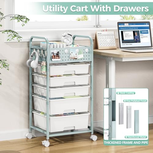 5 Drawer Rolling Storage Cart with Pegboard Top and Hooks, Green - color: Green, size: 5-Drawers