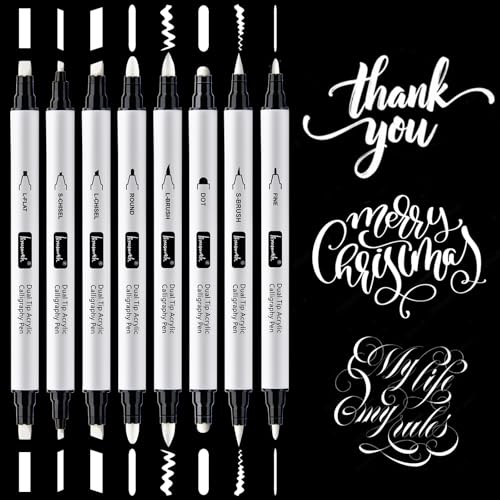 Brusarth Calligraphy Pens, Dual Tip White Acrylic Brush Pens, 8 Size | Calligraphy Pens set for for Beginners, Hand Lettering Pen for Art Drawing, Writing, Sketching, Scrapbooking - color: White