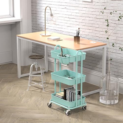 Simple Houseware 3-Tier Rolling Utility Cart with Hanging Bucket, Turquoise - color: Turqoise, size: 3-Tier