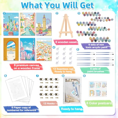 EggSun 6 Pack Framed Paint by Numbers Kit for Adults,Beginners with Wooden Easel,DIY Acrylic Oil Painting Paint by Numbers Kits on Canvas for Home Decor(Scenery-Cityscape,8x12Inch) - style: Scenery Cityscape