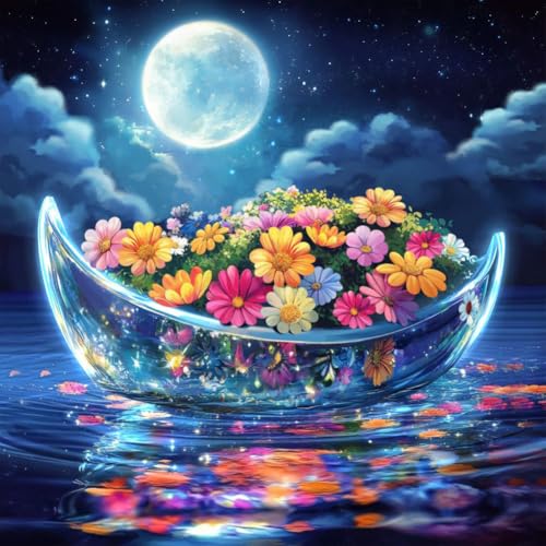 Reluohuo Boat Diamond Painting Kits for Adults, Flower 5D Full Drill Diamond Art Kits for Beginners, DIY Round Gem Art Craft for Home Wall Decor, 12x12 Inch - color: Boat