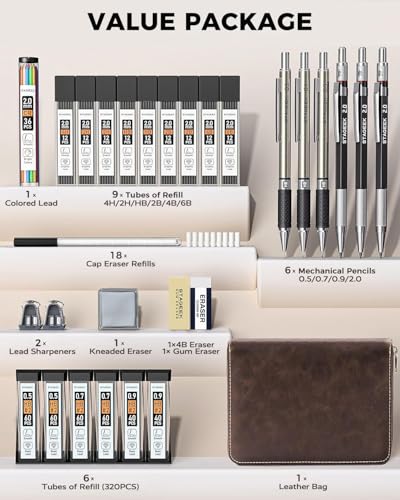 STAGEEK 30PCS Mechanical Pencil Set with Leather Bag, 0.5, 0.7, 0.9 ＆ 2mm - style: 0.5, 0.7, 0.9, 2MM with Leather Bag
