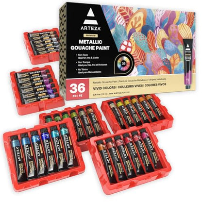ARTEZA Metallic Gouache Paint, Set of 36, 12ml/0.4 US Fl Oz Gouache Paint Tubes, Glitter Paint for Canvas & Paper - size: 0.4 Fl Oz (Pack of 36)