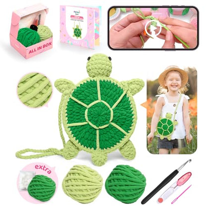 Mewaii Turtle Crossbody Bag Crochet Kit for Beginners, 40% Extra Yarn - color: Dark Green
