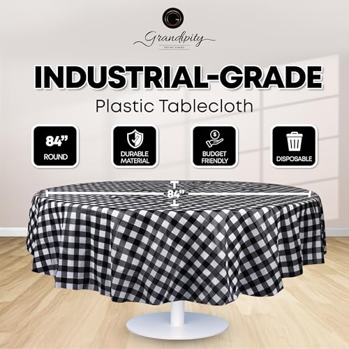 Plastic Table Cloth Disposable 12 Pack 84" Round Gingham | Plastic table covers, durable disposable tablecloths, fade and tear-resistent table cover for party, event - color: Black Gingham, size: 84in. Round