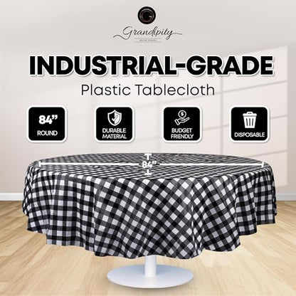 Grandipity Plastic Table Cloth Disposable 12 Pack 84" Round Gingham | Plastic table covers, durable disposable tablecloths, fade and tear-resistent table cover for party, event - color: Black Gingham, size: 84in. Round