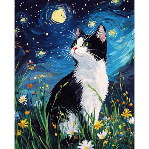obterie Starry Night Paint by Numbers Kit for Adults Beginner Cat Oil Painting Kit Adult Paint by Number Kits on Canvas DIY Painting for Beginners Art by Numbers for Gifts Home Wall Decor 16x20 Inch - color: YF001