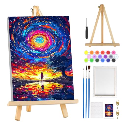 MOGTAA Starry Sky Paint by Numbers Kit for Adults Beginners with Frame, Landscape Adult Paint by Number Kits on Canvas with Easel, Easy DIY Oil Painting Kits for Home Decor, 8x12in - color: Starry Sky3