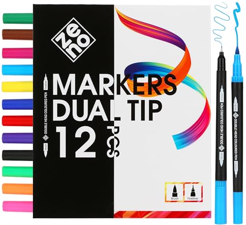 ZENO 12 Dual Tip Markers Set – No-Bleed Coloring Markers for Adults – Fine & Brush Tip, Watercolor Pens for Coloring Books, Journaling, and Artists - style: 12 Markers