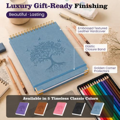 Blank Notebook 8.5 x 11, Hardcover Sketchbook Sketch Pad, Thick Paper, Gift | 300 Page Top Spiral Notebook, No Bleed Unlined Journal for Women Men Kids Journaling Sketching, Lay Flat, Durable PU Leather - color: Blue, size: 8.5” x 11”
