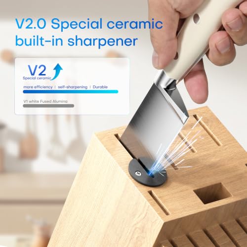 KUISINE Chef Knife Set, High Carbon Stainless Steel Ultra Sharp Blade Ergonomic Handle, Kitchen Knife Block Set with Built-in Sharpener, Elegant Gift for Holiday(15 PCS Pro White) - color: Pro White, size: 15 pieces