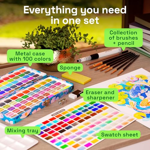 ARTISTRO Watercolor Paint Set with Palette & Brush Pens - 100 Colors | Portable Paint Art Kit, Travel Water Color Set, For Adults, Professionals, & Kids, Art & Painting Supplies, Gift Idea - style: 100 Colors Portable Travel Limited