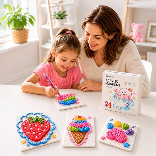 RuiHawk 3D Magic Foam Texture Painting Kit, 75 Pcs Puff Paint Art Supplies for Kids with 24 Auto-Flow Markers, 38 Texture Sheets & 10 Bead Necklace, Non-Toxic Creative Arts Crafts for Kids Ages 4-16