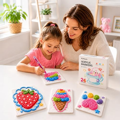 RuiHawk 3D Magic Foam Texture Painting Kit, 75 Pcs Puff Paint Art Supplies for Kids with 24 Auto-Flow Markers, 38 Texture Sheets & 10 Bead Necklace, Non-Toxic Creative Arts Crafts for Kids Ages 4-16