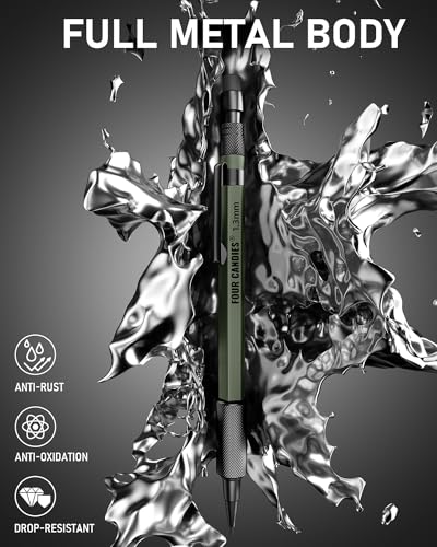 Four Candies 1.3mm Metal Mechanical Pencil Set with 72 Lead Refills, 3-Pack | Weatherproof Body, Heavy Duty, 3 Erasers, 16 Eraser Refills, Storage Case for Outdoor Construction Woodworking Marking - size: 3-Pack, style: Olive Green