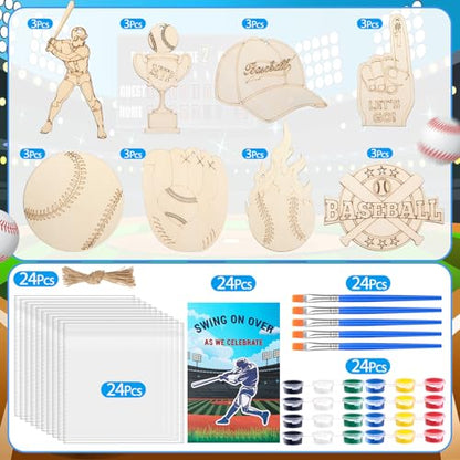 Saypacck 24 Pcs Baseball Party Favors Wooden Paint Craft Kits | Baseball Themed Craft Kit for Kids Birthday Party, Goodie Bags Fillers, Thank You Gifts, Paints Brushes Included - style: Sport Theme