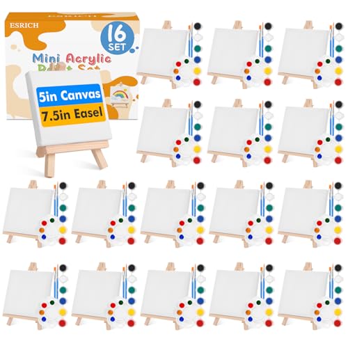 ESRICH 16 Set Mini Acrylic Paint Kit, 5in Mini Canvas with 7.5in Easel | Acrylic Paint Strips, Paint Palettes, Painting Brushes, Small Canvas and Easel Set for Kids Artists Beginner, Gift - size: 16 set 5 x 5 inches
