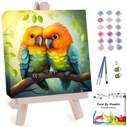 Artunion Framed Paint by Numbers Kit for Adults Beginners & Kids Ages 8-12,Couple Bird Paint by Number with Frame,Birds in Love Animal Paint by Numbers Kit on Canvas 10 * 10 Inch Without Easel - color: ZXT-320-F